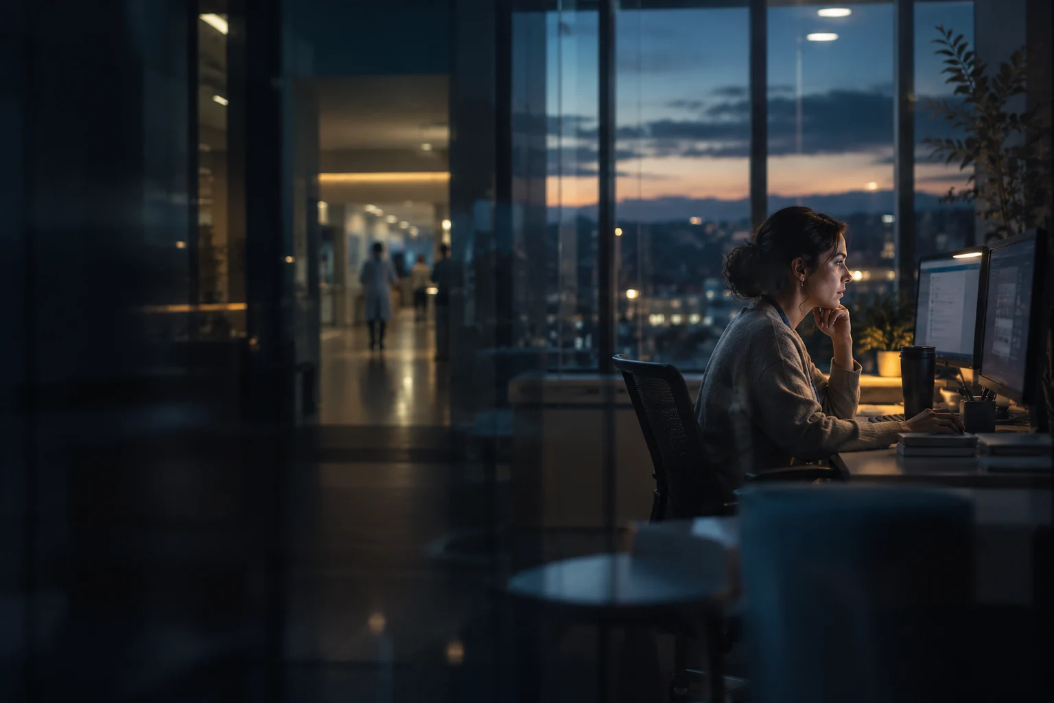 An illustrative healthcare technology specialist at work as evening light falls across a hospital office
